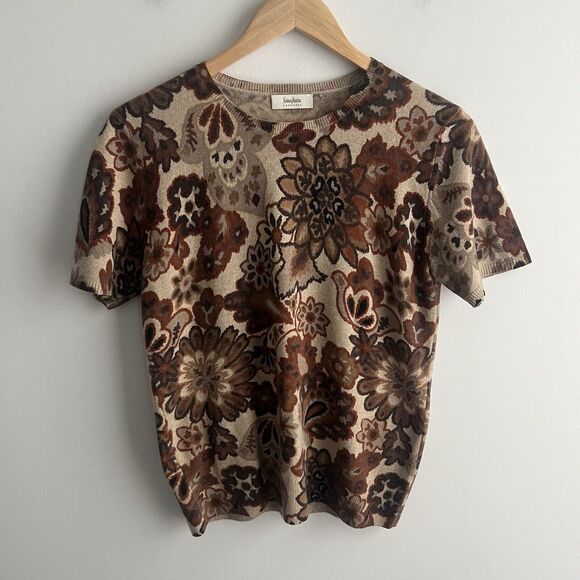 Neiman Marcus Cashmere Sweater Womens Medium Beige Floral Short Sleeve Cottage - Picture 1 of 7